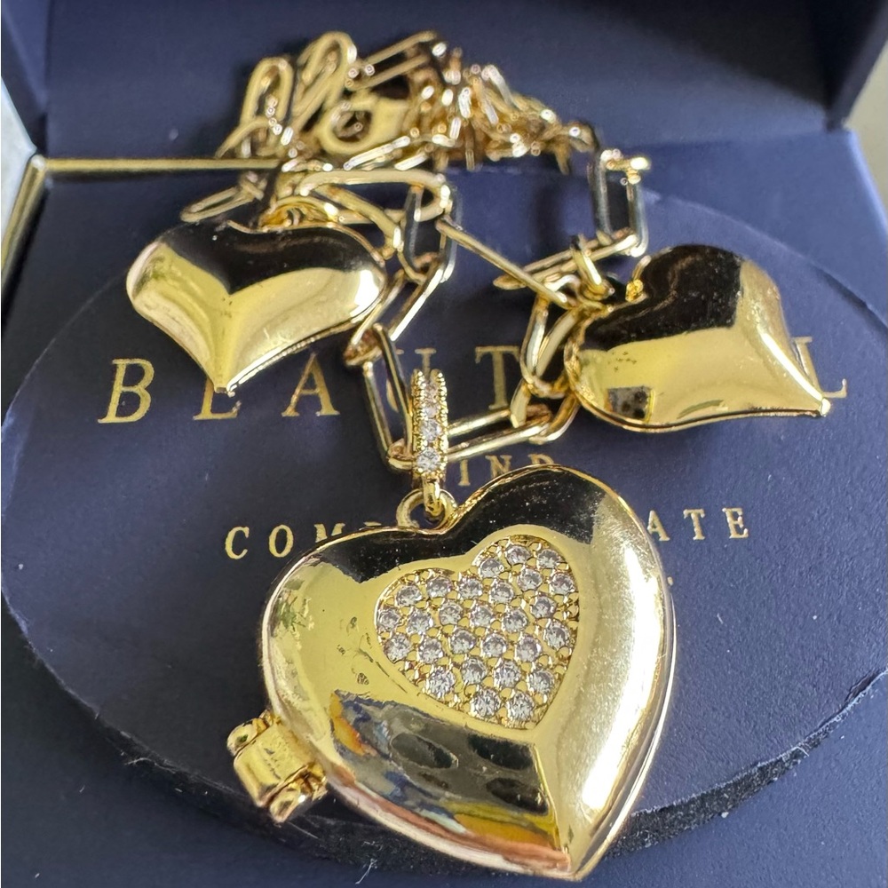 Gold Heart Pendant Necklace with Pave Crystal Accent - 3 hearts Women Jewelry
